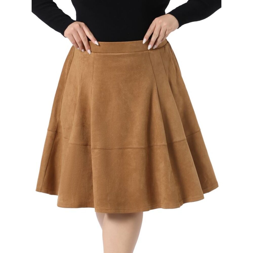 Plus Size Faux Suede High Waist with Pockets Elastic Midi Skirt Brown